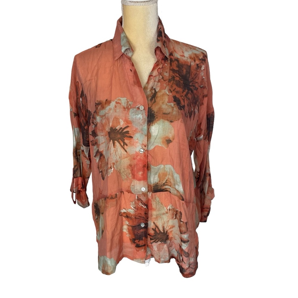 Umgee Sheer Floral Tunic Top Roll Tab Sleeve Size Small‎ Resortwear